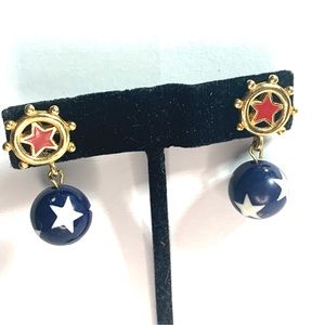 Vintage Avon Nautical Gold Tone Top Red Star White & Blue Dangle Earrings 1992
